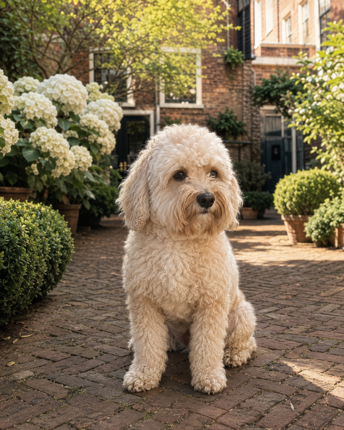 Enzo, the host dog of The Enzo Club, in a Haarlem courtyard